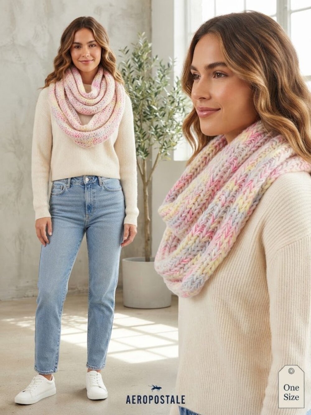 Aeropostale Pastel Pink Blue Yellow Knit Infinity Women's Crochet Scarf Size OS